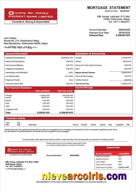 Nepal Everest Bank mortgage statement Word and PDF template